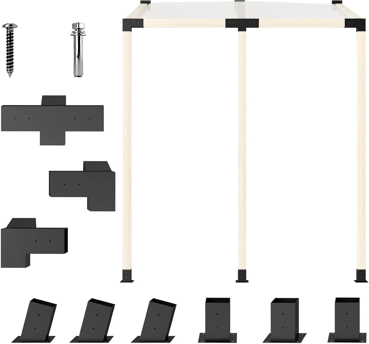 Crestholm 9-Piece DIY Pergola Bracket Kit, 15° Slanted Roof Hardware with 4-Way & 3-Way Corner Brackets, Post Bases & Wall Mounts for 3.6"x3.6" Lumber, Screws Included (Black)