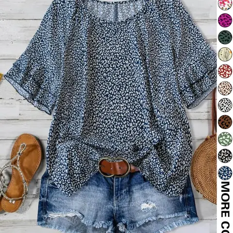 [Plus Size] All Over Print Floral Ruffle Layered Sleeve Woven Blouse, Shirts, Casual Loose Short Sleeve Round Neck Top for Daily Wear, Women's Plus Clothing for All Seasons, Chic, fashion, style, Womenswear, Floral Flower Clothing