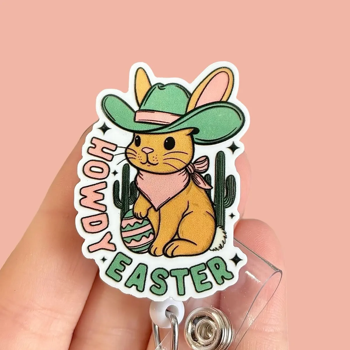 Glitter My Badge Howdy Easter bunny badge reel for nurse and hospital workers. Serious Goose Badge clip Badge pull - Retractable swivel clip with a 360 rotation. Great gift for coworkers.