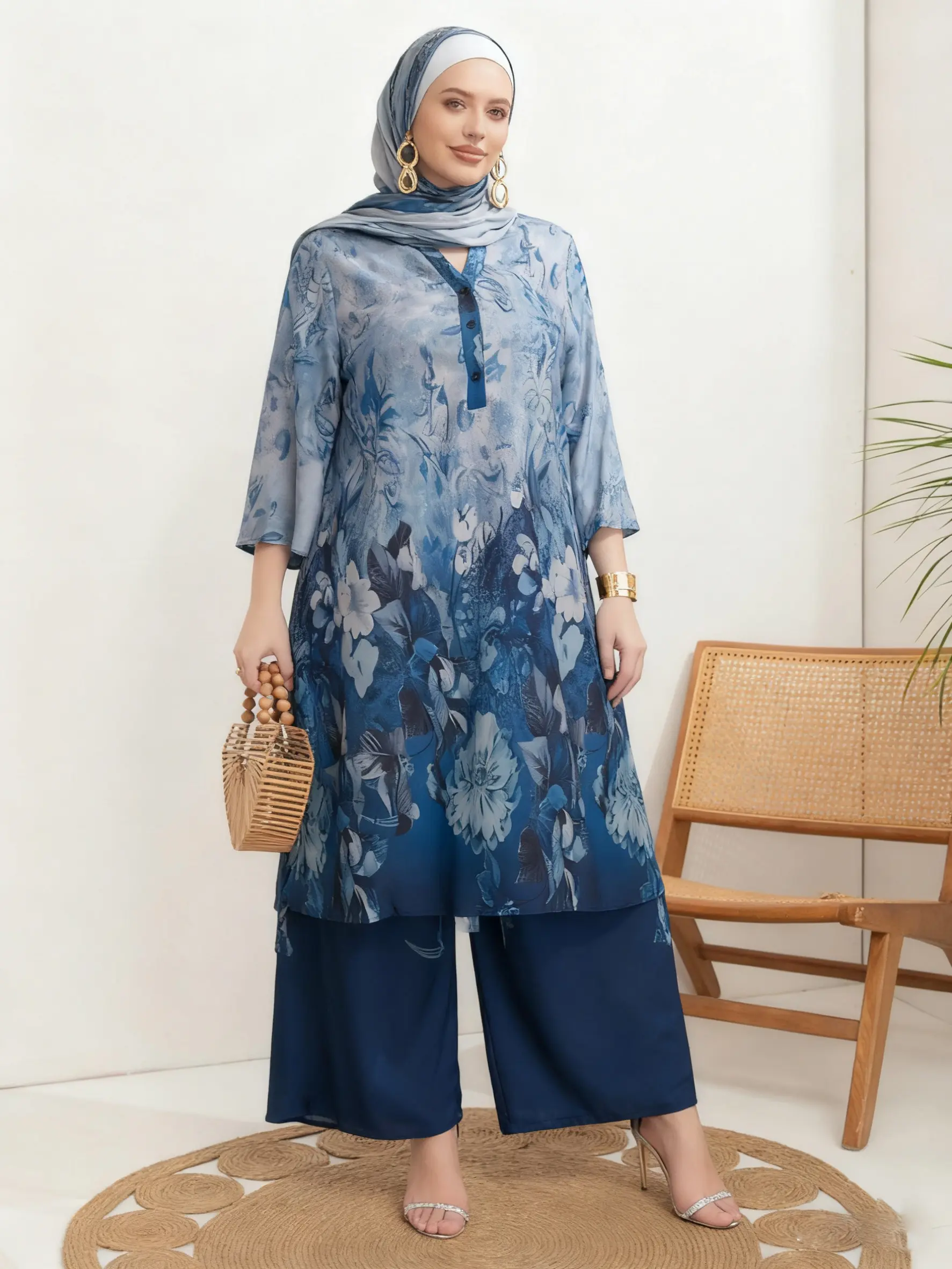 【Plus Size】 Two-Piece Set Floral Print Notched Neck Top & Wide Leg Pants, Elegant 3/4 Sleeve Top & Pants for Daily Wear, Women's Two-piece Outfits for