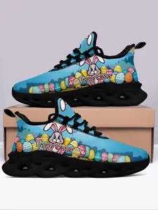 Women's Easter Egg & Rabbit Print Lace Up Sneakers, Casual Comfortable Outdoor Running Shoes, Sports Running Shoes, Female All-match Round Toe Sneakers for Daily Wear
