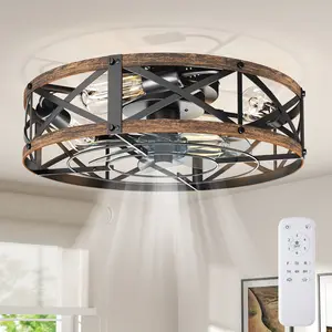 Rustic Farmhouse Caged Ceiling Fan with Lights, Low Profile Flush Mount Ceiling Fan Light Fixture, Remote Controlled Reverse Airflow Indoor Fan Lamp for Bedroom Living Room