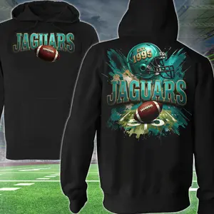 Jaguars Football 2 Sided Hoodie, EST 1995 Football Player Sweatshirt, Sports Apparel, Green Helmet Pullover Classic T-shirt, Graphic Printed Streetwear Top, 100% Cotton, Gift For Fans