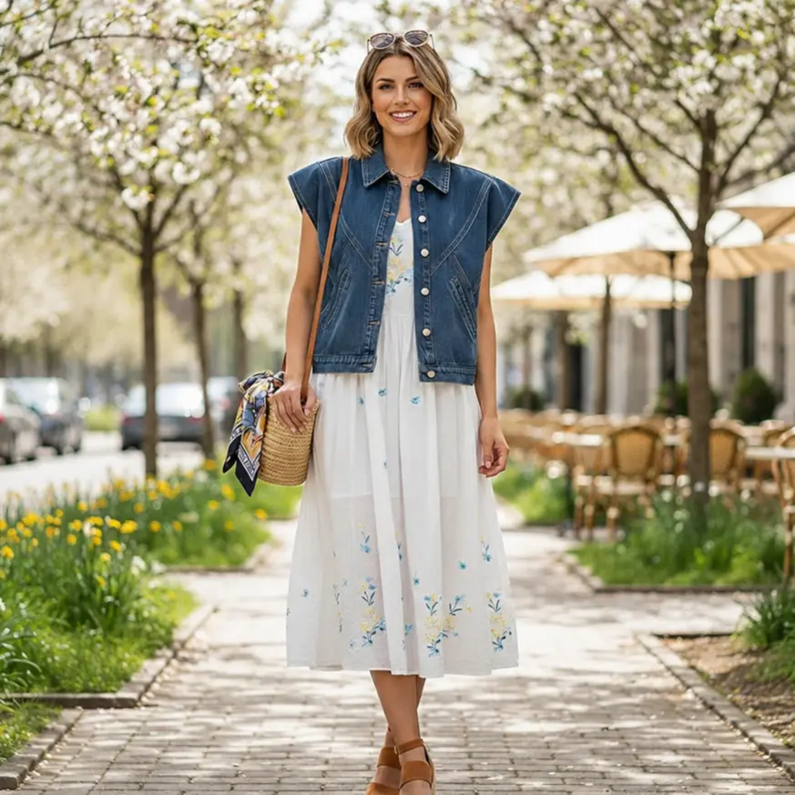 Elengatine Minimalist Rounded Collar Wide Shoulders Denim Top with Slit Pockets For All Seasons,Bohemian Style Vintage Cool Denim Vest For Lady, Basic Casual Button-front Closure Denim Jacket Coat Womenswear Chic Piece Statement Twist