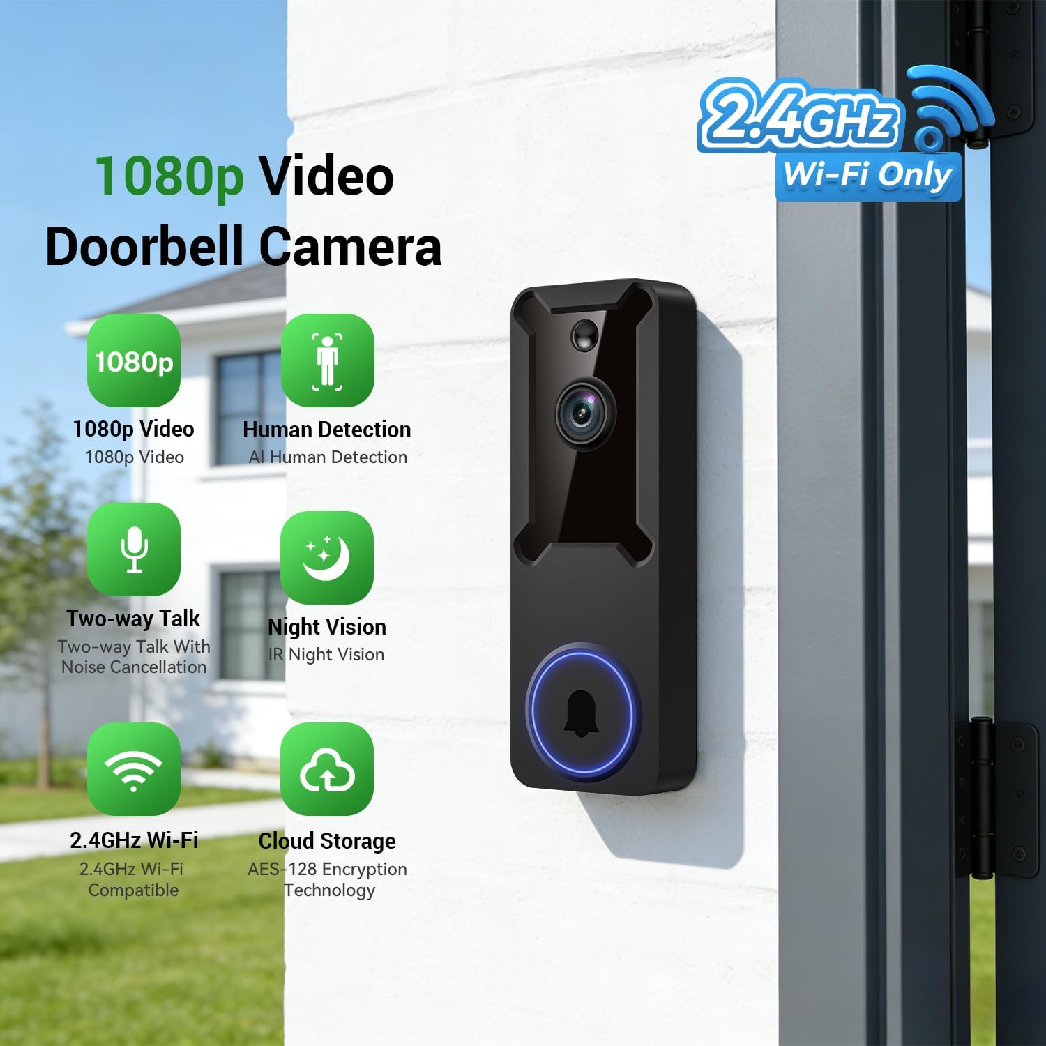 1080p Wireless Wi-Fi Video Doorbell Camera, Night Vision, Two-Way Audio, Smart AI Motion Detection, Live Viewing, Battery-Powered, Supports 2.4GHz Wi-Fi Only, Cloud Storage (Sold Separately)