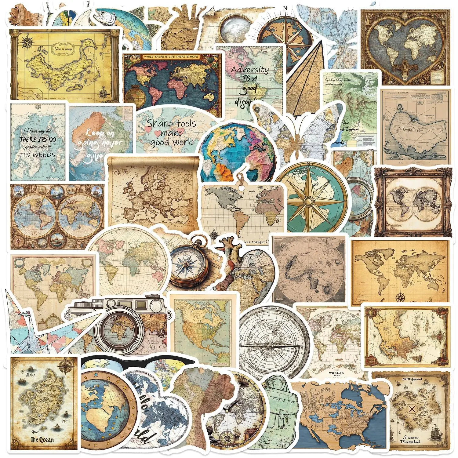 Vintage Cartoon Map Stickers Set, Artistic Decorative Decals for Phone Cases & Water Bottles, DIY Waterproof Wall Stickers