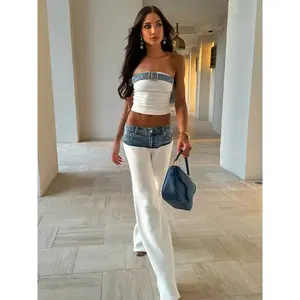 Elegant Women's Denim-Knit Patchwork Set Sleeveless Crop Top Matching Low Rise Straight Jeans Summer New Two Piece Sexy Outfits