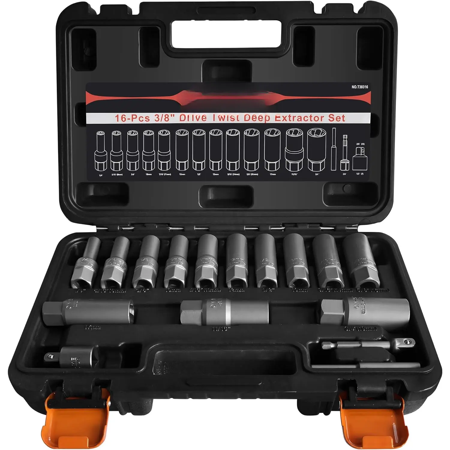 16-Piece Cr-Mo Steel Deep Well Bolt Extractor Set - 3/8", 5/8"(16mm), 7/16"(11mm) Sizes, Spark Plug Removal Socket Tool for Frozen, Damaged, Rounded-Off Studs, Nuts & Screws