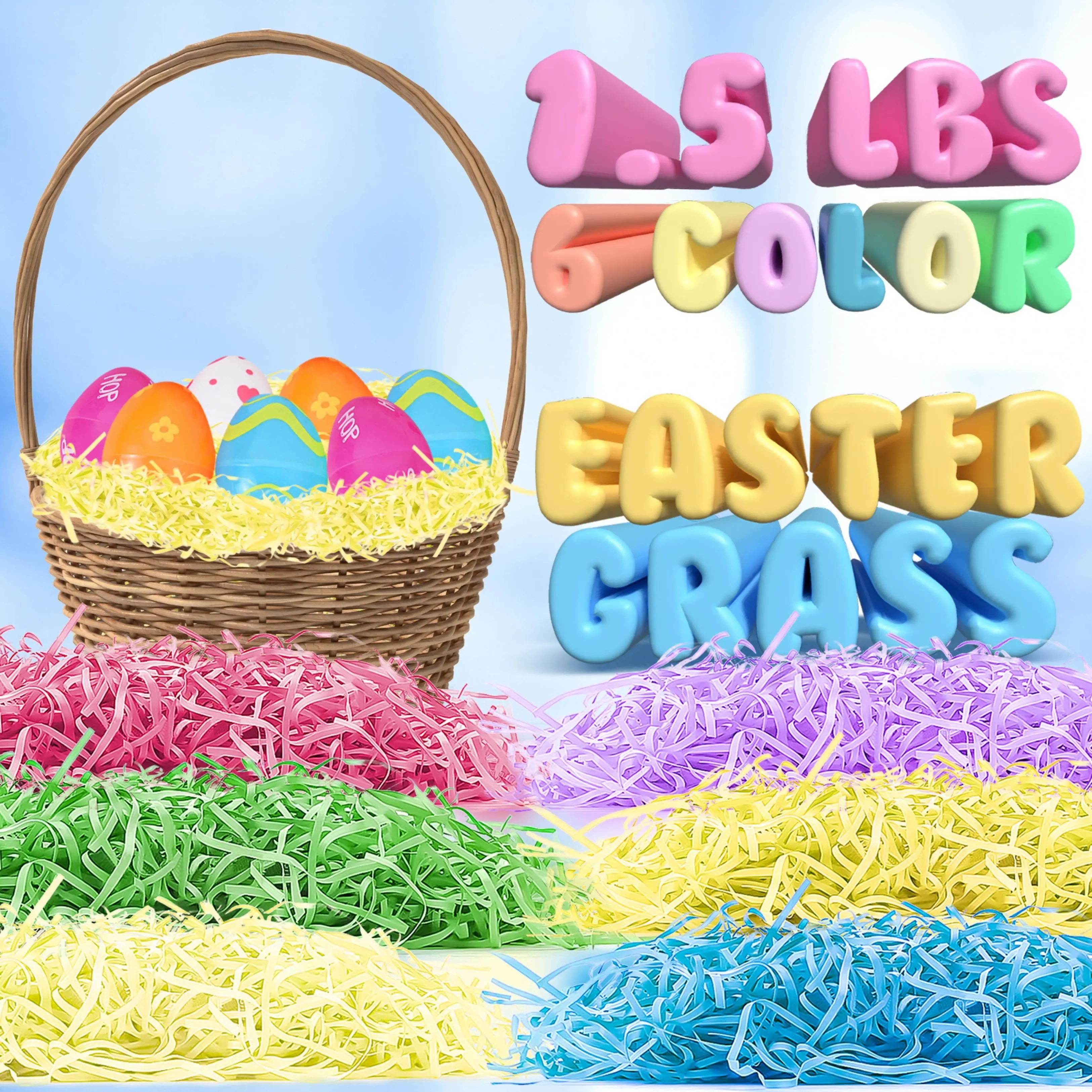 JoyX Easter Grass 1.5 Pounds Pastel Colors Easter Basket Filler Stuffers for Egg Hunt Decor, Party Favors & Classroom Event Decoration - Colorful
