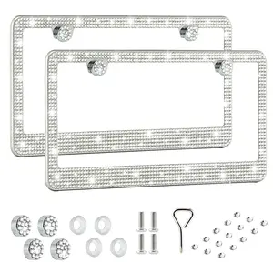 Bling License Plate Frame for Women, 2 Pack Premium Stainless Steel Rhinestone Car License Plate Holder, Handmade Glitter Crystal Diamond Girl Lincense Plate Cover, Bedazzled Sparkly Caps