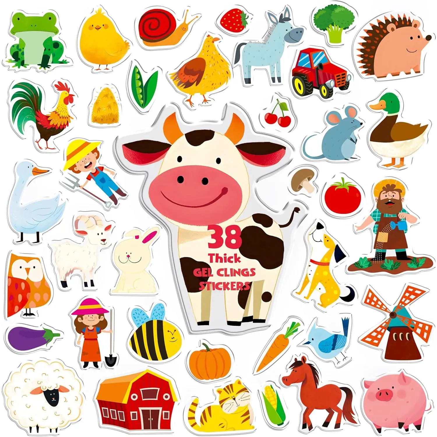 38-Count Synthetic Vinyl Farm Animal Jelly Stickers, Thick Removable Gel Clings Decals for 5 and Older Home & Classroom Decor, Non-Edible Party Supplies