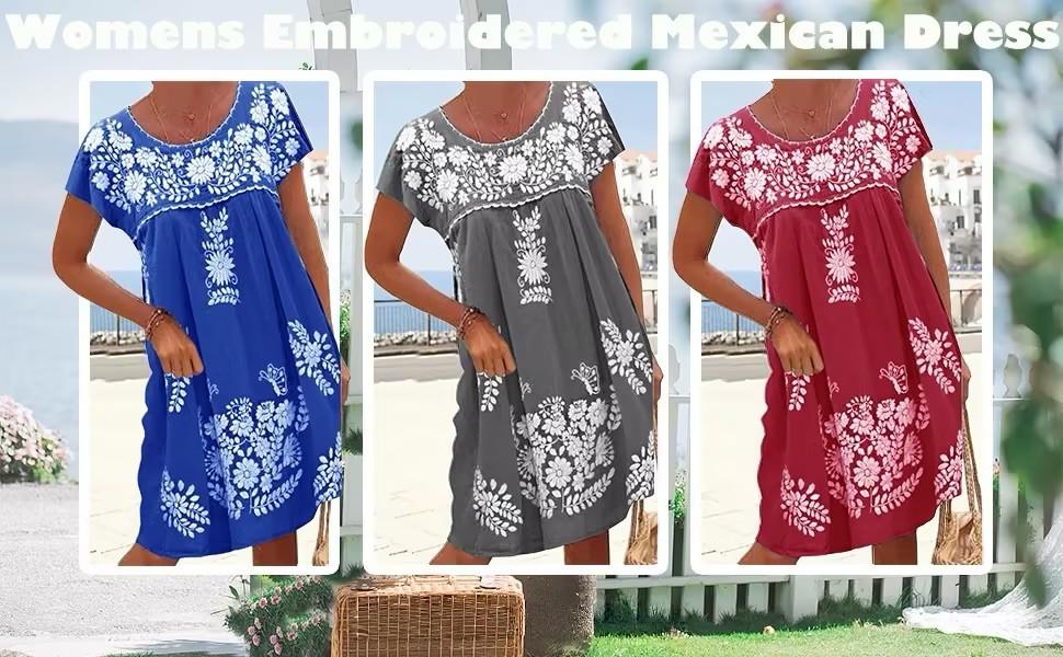 Chvity Mexican Dress for Women Short Sleeve Floral Embroidered Fiesta Dress Loose Linen Peasant Dresses|Wendy Dress Yellow Dress