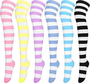 6 Pairs Thigh High Socks Over Knee High Stockings Extra Long Leg Warmers for Women Mixed Candy Color Stripes, One Size