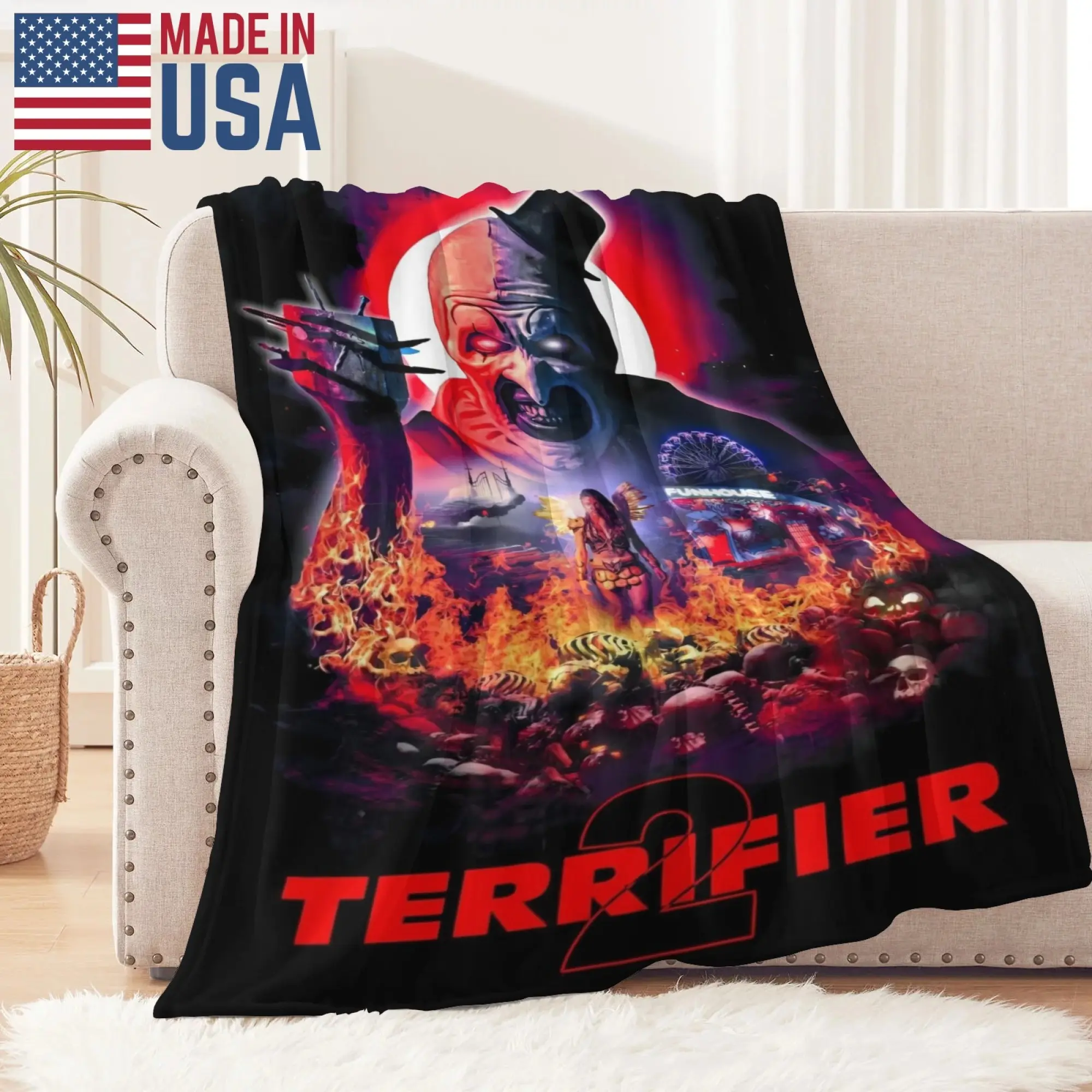 Black‑Background Terrifier 2 Art Clown Graphic Flannel Blanket, Ultra‑Soft Lightweight All‑Season Cozy Flannel Throw, Portable Lap Blanket For Couch, Game Room, Scary‑Movie Night Horror Fan Merchandise