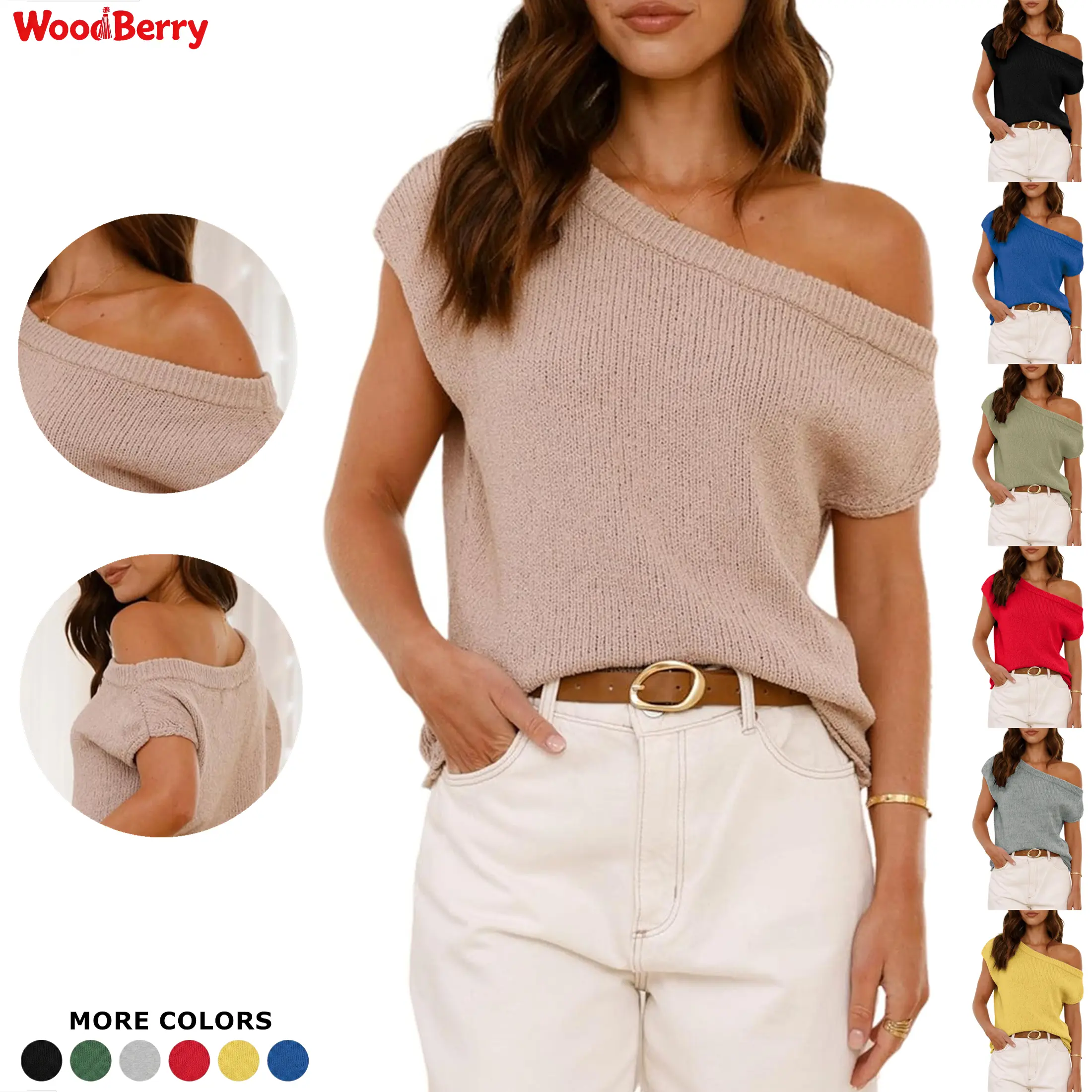 WoodBerry Womens Off Shoulder Sweater Y2K Short Sleeve Ribbed Knit Pullover Date Night Top Blouse Basic Chic Trendy Womenwear,summervibes Casual Knitwear