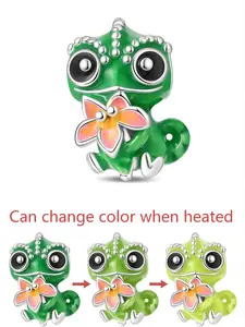 Plated 925 Sterling Silver Color Changing Chameleon Charm Bead, Heat Reactive Enamel Lizard Dangle, Fits Pandora Bracelet, DIY Jewelry Gift