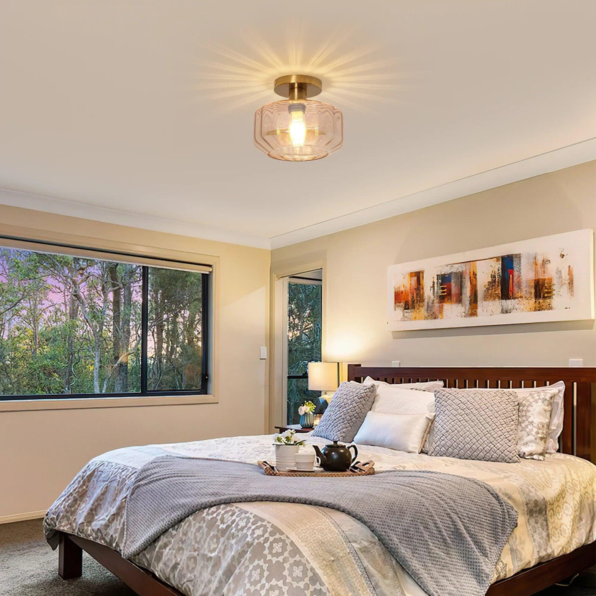 Modern Gold Semi-Flush Mount Ceiling Light | 9" Gerald Rippled Glass Lighting Fixture