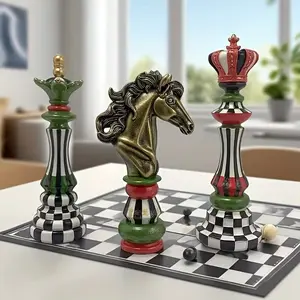 3 Piece Chess Pieces Set, Colorful Artistic Design, Unique Decorative Items, Metal Knight & Pattern Details, Indoor Display