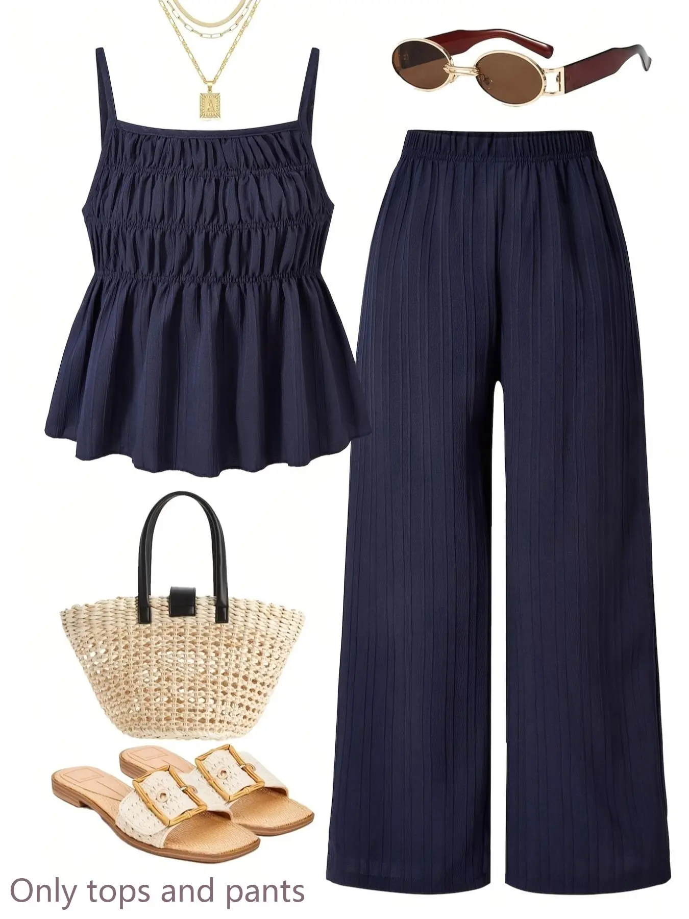 Casual Ribbed Texture Cami Top with Wide Leg Trousers 2 Piece Set for Women, Ideal for Daily Wear, Vacation, Sister Photos, Spring & Summer