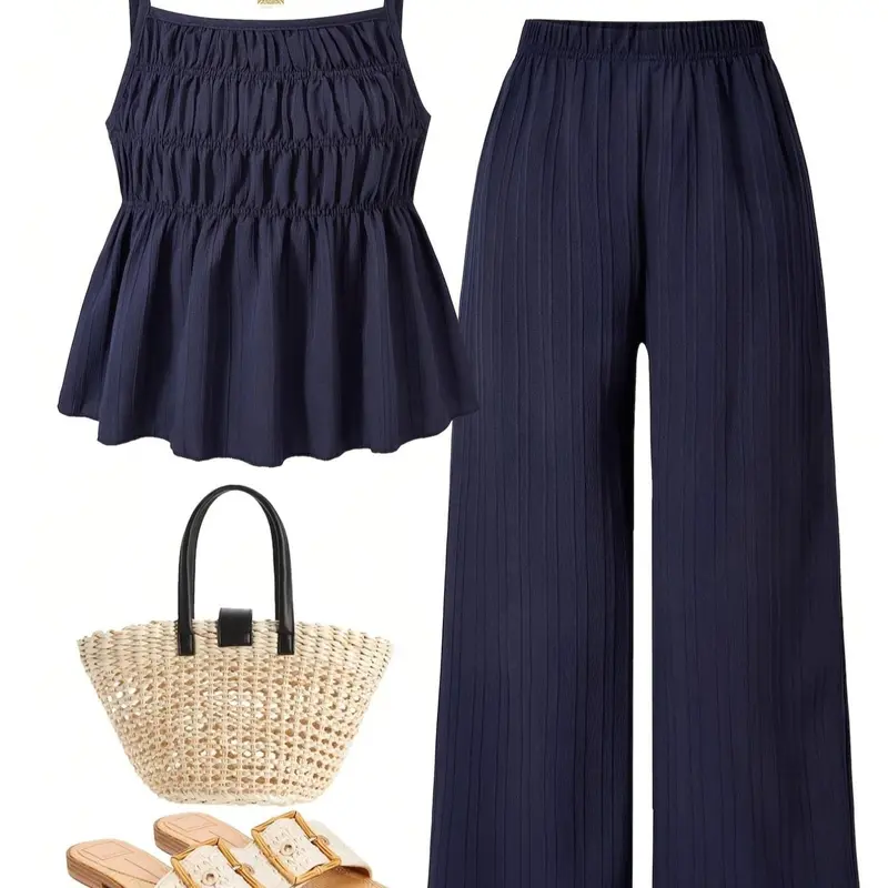 Casual Ribbed Texture Sleeveless Cami Top with Wide Leg Trousers 2 Piece Set Matching Set Summer for Women, Fit, Ideal for Daily Wear, Vacation, Sister Photos, Spring & Summer