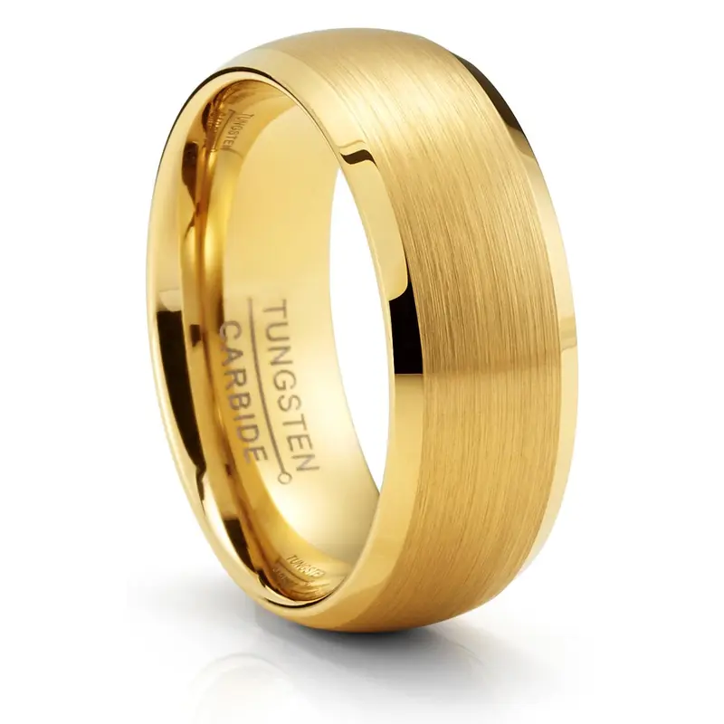 Men's Hypoallergenic Black Tungsten Carbide Band - 8MM Comfort-Fit, Goldtone Dome Finish, Brushed Center, Invisible Artificial Gemstone, Elegant Casual Finger Ring, Beautiful Rings for Adults, Wedding Gift