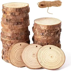 30 count 2"-2.4"   Slices Craft  Centerpiece Unfinished Predrilled Wooden Circles  for Arts and Crafts Christmas Ornaments DIY Crafts with Hole Includes 33' of  Jute Twine