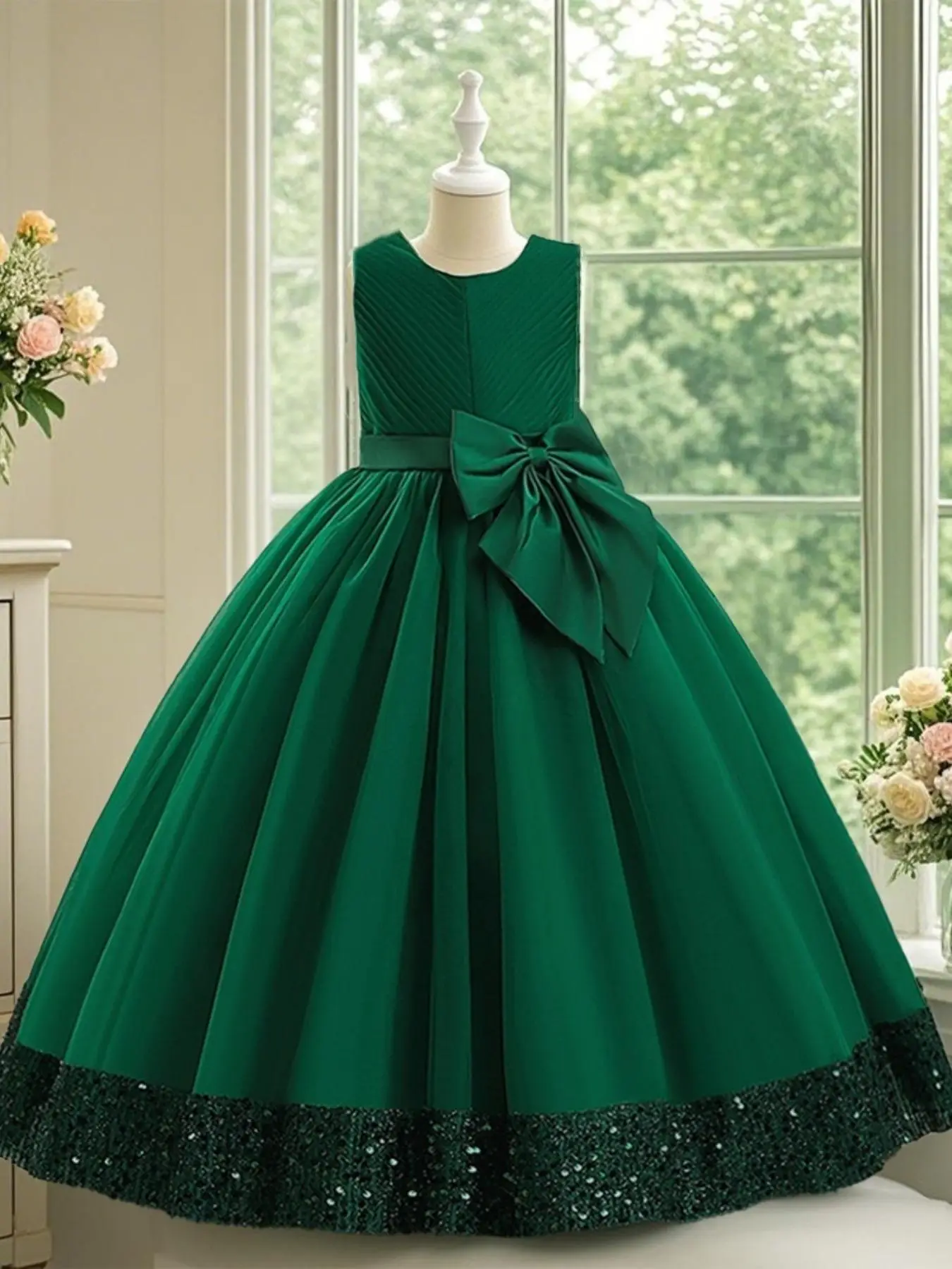 Girl's Big Bow Decor Sleeveless Sequins Party Dress, Elegant Round Neck Fit & Flare Dress for Wedding Party, Dresses for Girls, Kids Clothes for All S