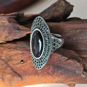 Sterling Silver 925 Vintage Retro Cocktail Statement  Black Agate / Onyx / Obsidian  with Black Cubic Zirconia Surrounded Decor, Antique Silver Big Black Stone  Victorian Style Jewelry for Women and Men couple stunning moth ring cute Natural Jade metal