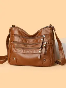 Retro brown textured metal decorative shoulder bag, multi-layer zipper storage design crossbody bag, fashionable exquisite， casual versatile shoulder bag, suitable for daily commuting, shopping, etc. Casual Crossbody Bags Handbag Shoulder Purse
