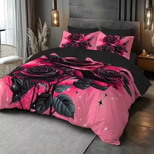 Valentine's Day Rose Floral Print Duvet Cover Set, Decorative Duvet Cover, Soft Breathable Fabric, All Seasons, Bedroom Bedding Decor