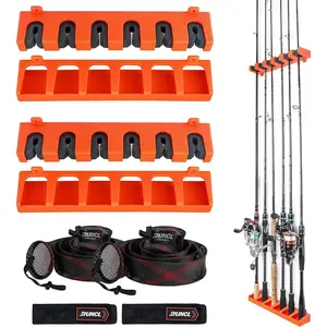 RUNCL Fishing Rod Holder, Rod Sleeve, and Rod Strap Kit, Wall Mounted Vertical Fishing Rod Rack, Fishing Pole Holders Hold Up to 6 5-11mm Rods, Fishing Rod Storage Combo Set