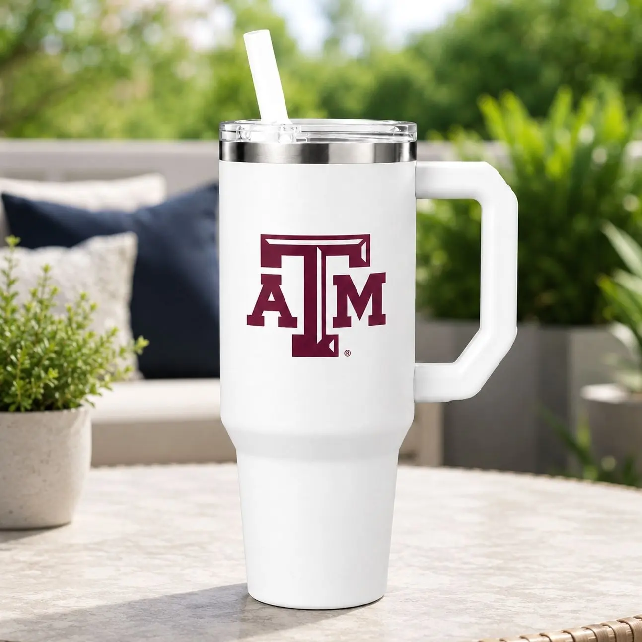 Texas A&M Aggies 40oz Tumbler with Handle, Minimalist White ATM Quencher, College Football Tailgate Mug, Insulated Steel Cup