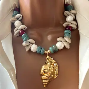 Handmade Cowrie Shell Necklace with Ceramic Beads and Gold Plated Conch Pendant – Adjustable Boho Beach Jewelry