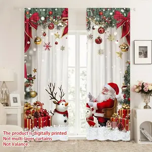 2-Piece set, Holiday Merry Christmas themed printed curtains, with Santa design - red and white holiday decoration, translucent machine washable, rod pocket, suitable for kitchen study home decoration, Christmas decoration, Room Decor Curtain