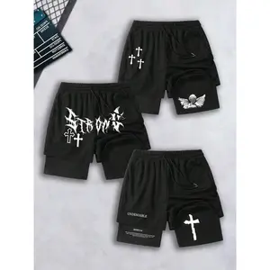 Men's Cross & Letter Print 2 in 1 Drawstring Waist Shorts, Loose Casual Street Shorts for Summer, Men's Bottoms for Daily Wear