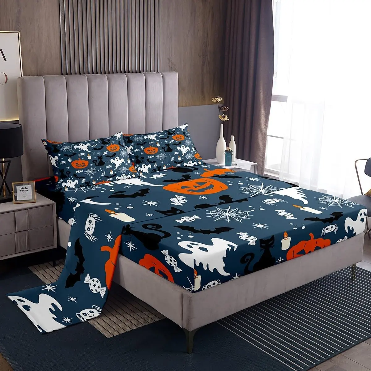 Feelyou Halloween Themed Bedroom Bedding Set - Breathable Vintage Bat Pumpkin Print Fitted Sheets, Deep Pocket Pillowcases, Machine Washable, Full/King & Multi-Size Sets for Holiday Decor