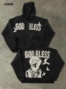 Angel Letter Print Graphic Hooded Unisex Knit Cardigan, Loose Long Sleeve Zipper Jacket, Trendy Streetwear, Fashionable Casual