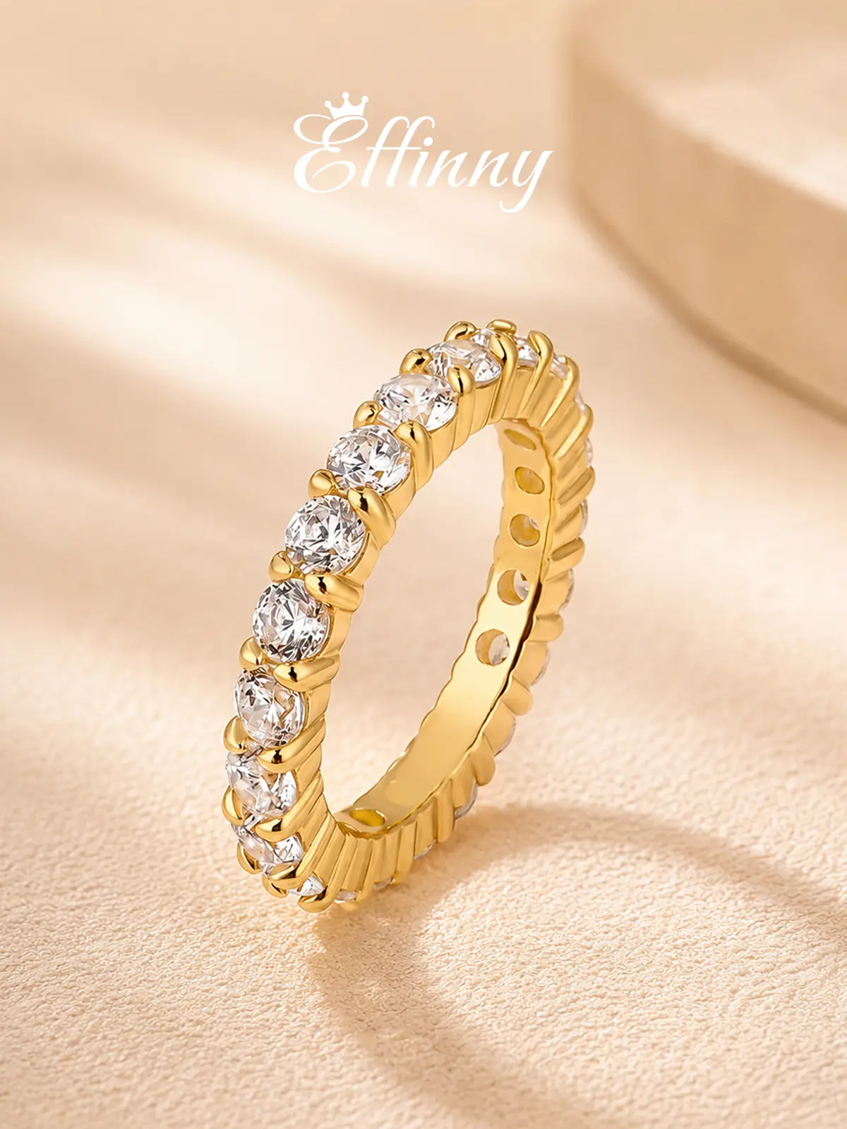 Effinny Non-tarnish Full Eternity 14K Gold Plated Round Cut Women's Wedding Band, CZ Travel-friendly Stacking Jewelry for Her