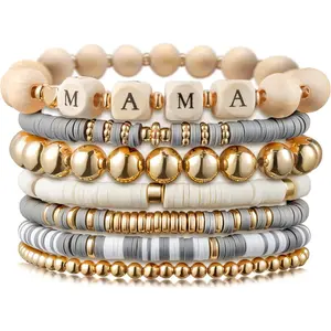 7 count Mama Gray Bracelets Set Wooden Stackable Heishi Polymer Clay Beaded Stretch Surfer Bracelet Dainty  Plated Beads Elastic Layering Bracelet Mama to Be Mother's Day Gifts for Mom