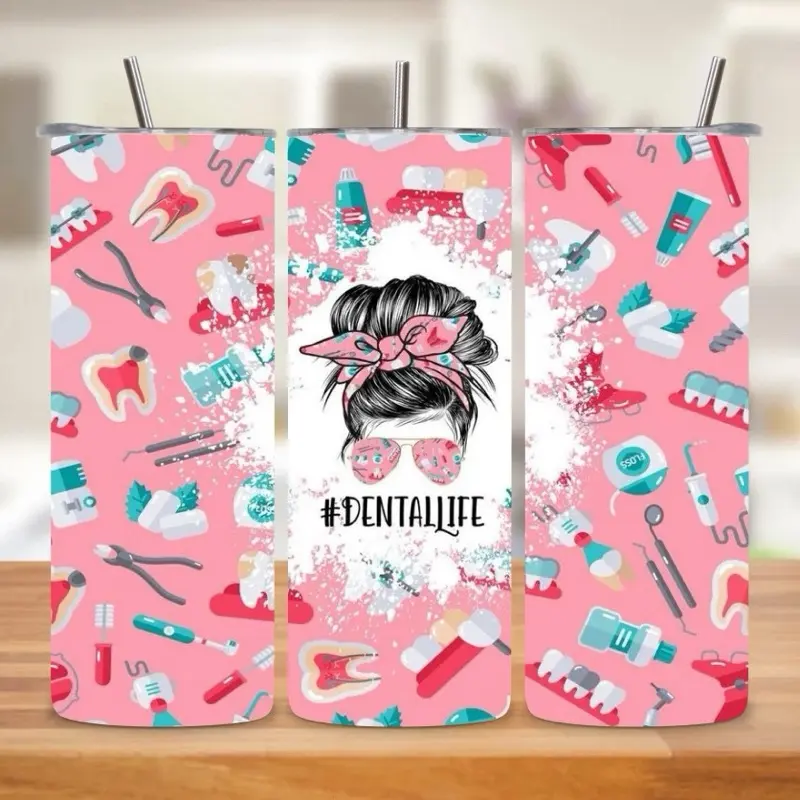 Dentallife 20oz Tumbler with Dental Themed Design and Character Illustration #Dentallife Pink Background