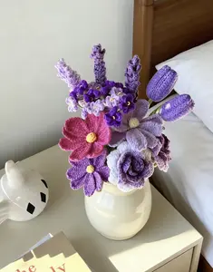 13-Piece Handmade Knitted Rose Cotton Yarn Crochet Bouquet - Lifelike Artificial Lavender, Babysbreath, Galsang Flowers, Decorative Home Decoration, Card Included (No Vase), Mother's Day Gift