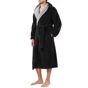 David Archy Men's Soft Fleece Plush Robe Full Length Long Bathrobe Ultra Soft Coral Fabric with Large Pockets & Hood Ideal Gift for Travel Hotel Housecoat