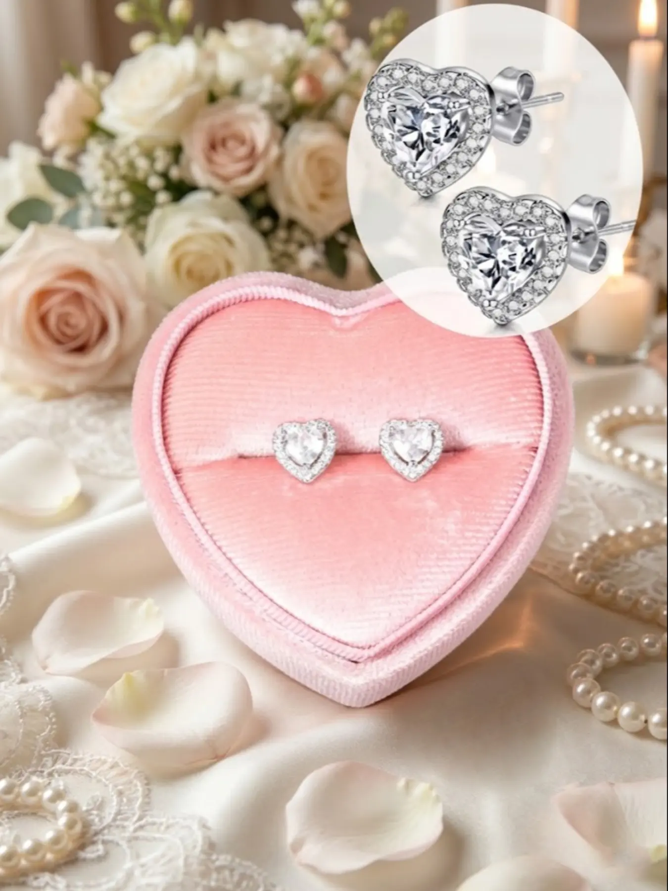 Sparkling High Shine Cubic Zirconia Heart Solitaire Brilliant Stud Earrings with Pink Heart Gift Box Silver/Gold Hypoallergenic Fashion Jewelry Elegant Daily Party Wedding Accessories Valentine's Day Romantic Jewelry Gift Unique Earrings Earrings Studs