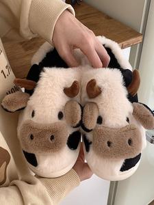 women's cartoon cute cow design plush slippers, warm bedroom fuzzy platform home slippers for daily wear, girl's casual no-slip chunky slippers for fall & winter, footwear