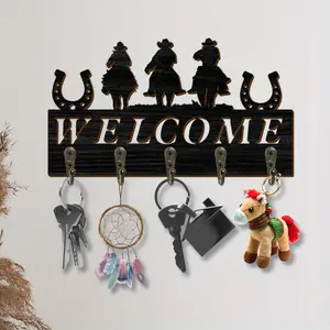 Cowboy & Horseshoe Logo Welcome Entrance Keychain Hook, 1 Count Wall Mounted Decorative Wood Wall Hook, Home Bathroom Kitchen Bedroom Accessories Decor