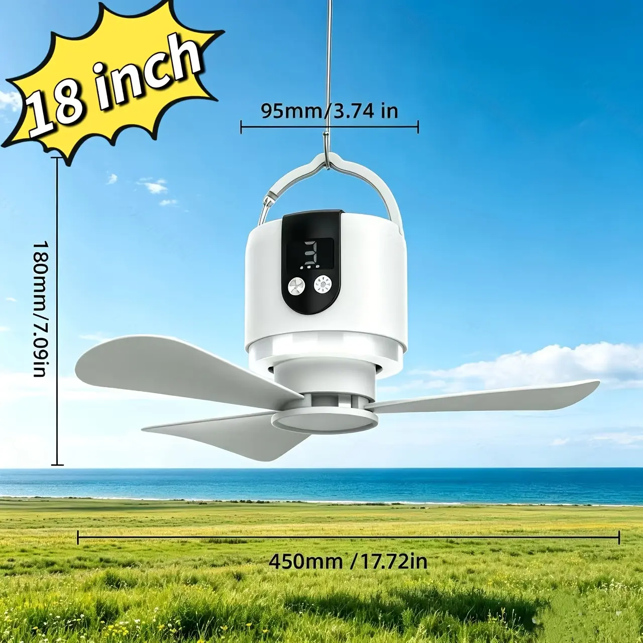 Long Lasting Cordless Recharging Button-Activated Multi-Setting Timer Ceiling Fan with 15600mAh Battery, 18in LED Light, 3-Speed for Outdoor Camping, Home Blackout Use, Button-Activated Ceiling Fans, Multi-Setting Ceiling Fans