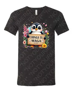 Penny Penguin Chinga Tu MAGA V-Neck Shirt - Bold, Funny, & Political Statement, Casual, Short Sleeve, Lightweight Polyester Cotton Blend