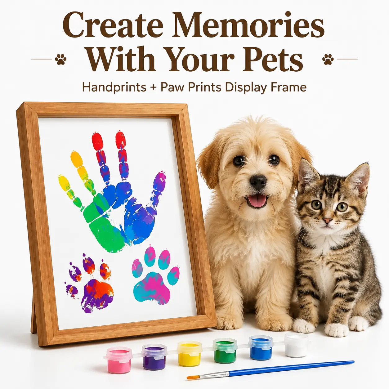 Pet & Family Handprint Shadow Box Kit, Wooden Keepsake Frame for Dog Paw Print, Cat Paw & Owner Handprint, DIY Pet Memorial Family Memory Display Gift