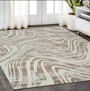 HomeRoots 5x8 ft. Modern Indoor Abstract Distressed Beige & Brown Rectangle Area Rug, Abstract Area Rugs for Living Room Decor, 558825