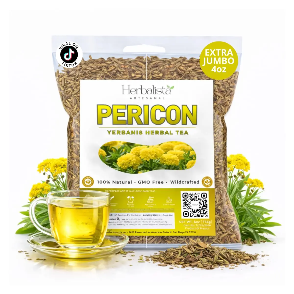 Pericón Herbal Tea (Mexican Marigold/Yerbanís) – Premium Loose Leaf Botanical Infusion – 4 oz (113 g) – 100% All Natural, Vegan, Raw, Caffeine-Free – Traditional Mexican Herbal Tea